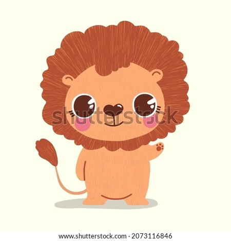 Cute Baby Lion waving and smiling. Hand drawn adorable cartoon character with big eyes and fur. Vector on pastel background for animal stickers design, greeting card, mascot, nursery decoration.