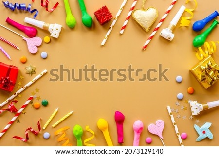 Confetti with party hats and balloons for kids birthday