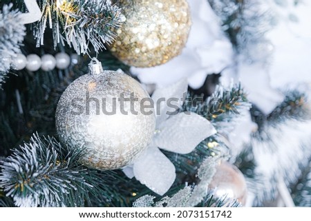 Closeup Christmas tree background, selective focus, high key