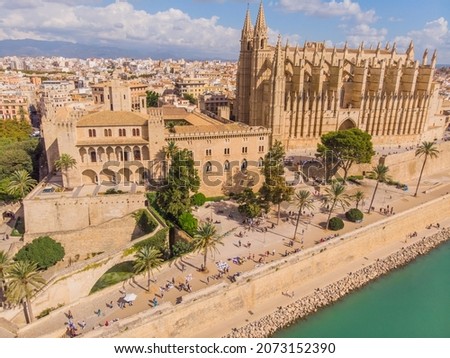 Aerophotography. View from flying drone. Panoramic cityscape of The Old Town of Palma de Mallorca.Cathedral La Seu and Parc de la Mar Royalty-Free Stock Photo #2073152390