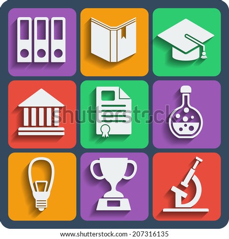 Set of 9 school and education vector web and mobile icons in flat design.