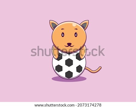Vector cat hugging soccer ball cartoon icon illustration