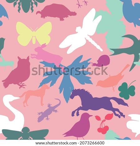 Seamless repeat pattern of colorful abstract animal and plant silhouettes on a pink background. Great for fashion, textiles, surface textures, giftwrap, wallpaper.