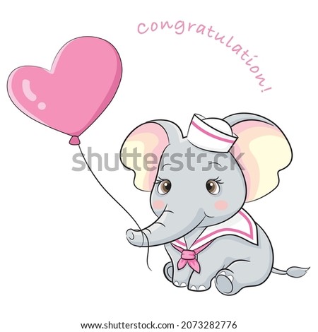 Baby Shower Invitation Card, Baby Girl,  Baby Sailor Elephant With Heart Shape Pink Color Balloon