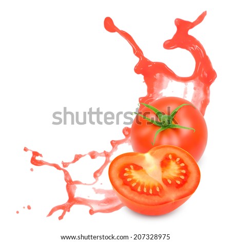 Photo of tomato with slice and splash isolated on white