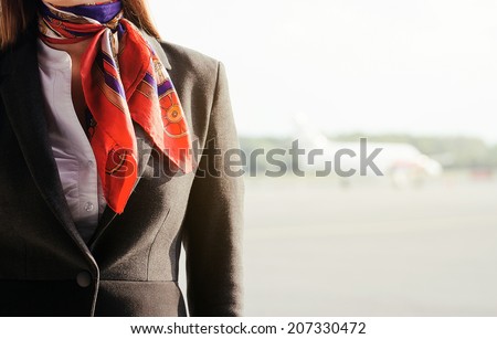 Stewardess on the airfield. Place for your text. Royalty-Free Stock Photo #207330472