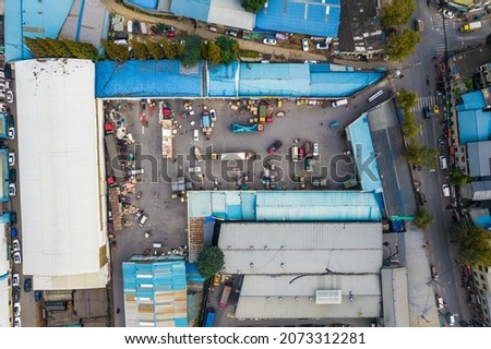 Aerial view of goods warehouse. View from drone. High quality photo