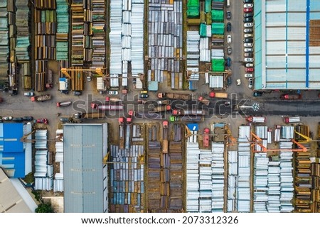 Aerial view of goods warehouse. View from drone. High quality photo