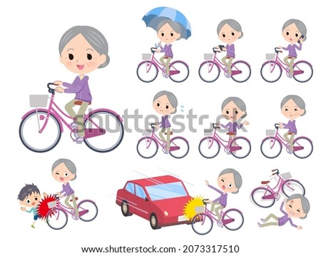 A set of elderly women in jerseys riding a city cycle.It's vector art so easy to edit.