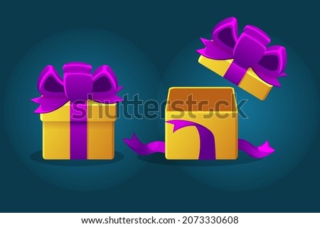 Gift boxes open and closed with purple bow for games.