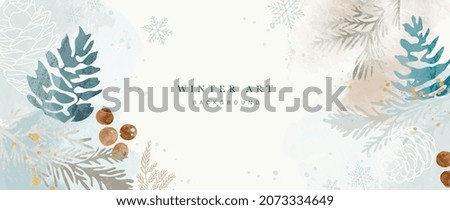 Winter background vector. Hand painted watercolor and gold brush texture, Flower and botanical leaves hand drawing. Abstract art design for wallpaper, wall arts, cover, wedding and  invite card.   Royalty-Free Stock Photo #2073334649