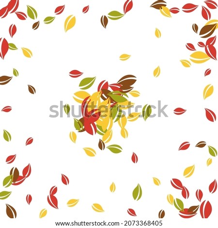 Falling autumn leaves. Red, yellow, green, brown chaotic leaves flying. Explosion colorful foliage on astonishing white background. Authentic back to school sale.