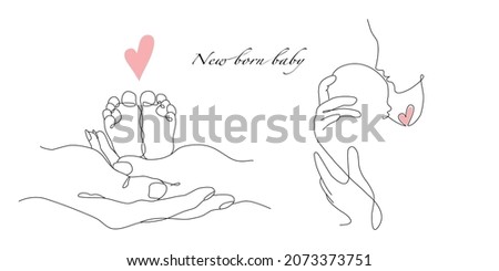 Vector one line art set of illustrations of a new born baby heels and mother holding a new born baby. Lineart family portret Royalty-Free Stock Photo #2073373751