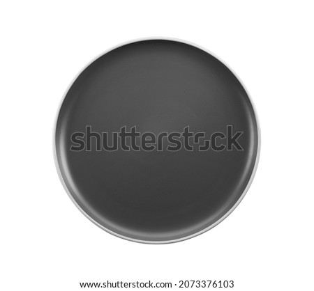 New empty dark plate isolated on white, top view