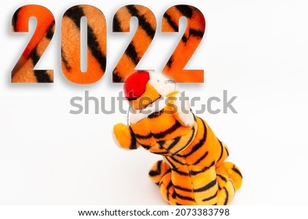 Striped toy tiger looking at the letters inscription 2022.Chinese new year of the tiger. Year of the tiger according to the Chinese calendar 2022.Souvenir tiger on a white isolated background.