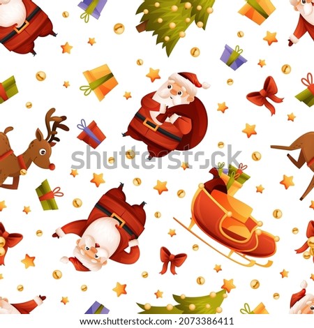 Seamless background with Santa Claus, deer, sled, Christmas tree, gifts and stars. For texture, background, packaging, wrapping paper.