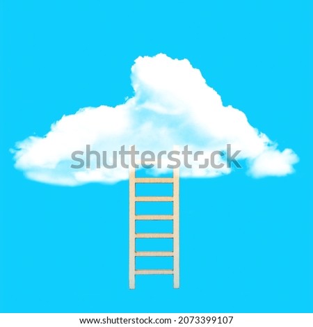 Wooden ladder leading up to a puffy cloud on a blue background. Climbing up to success.
