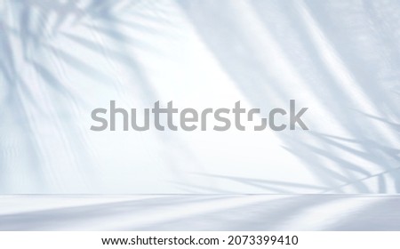 Minimal abstract light blue background for product presentation. Shadow of tropical leaves and curtains window on plaster wall.