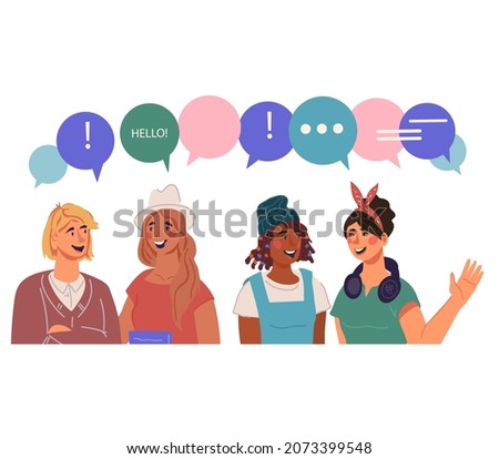 Young people talking, chatting on social media chat, sharing news. People with dialogue speech bubbles, flat vector illustration isolated on white background.