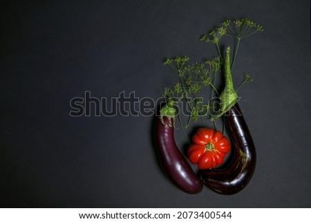 Creative layout of vegetables, dill with eggplant and ribbed tomatoes on a dark background.Flat lay. The concept of nutrition. layout of summer vegetables for advertising. vegetarianism. copy space