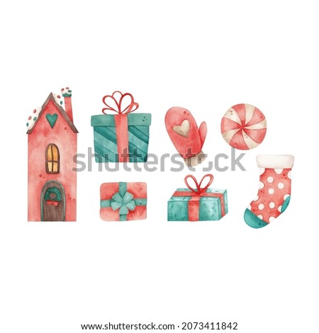 Watercolor set of Christmas elements with red house, gifts, mitten and sock