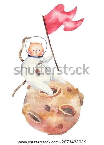 cat astronaut with red flag conquers the planet, galaxy, cute childrens illustration in watercolor
