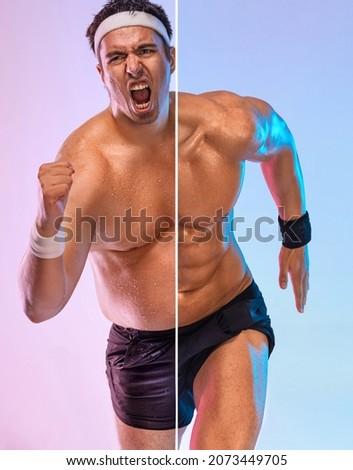 Before and After Weight Loss fitness Transformation. Fat to fit concept. A very fat man jogging to lose weight and become a slim athlete. Running sport man. Royalty-Free Stock Photo #2073449705