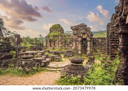 Temple ruin of the My Son complex, Vietnam. Vietnam opens to tourists again after quarantine Coronovirus COVID 19 Royalty-Free Stock Photo #2073479978