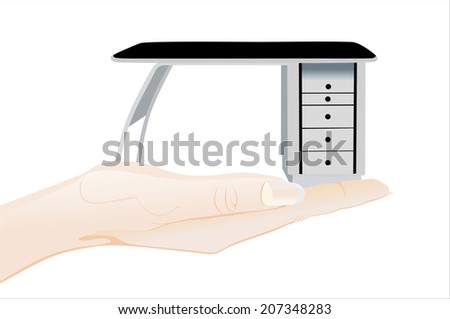 Woman's hand holding object-pc on table isolated on white background.