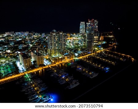 Aerial night drone photo Miami Beach Marina South Pointe
