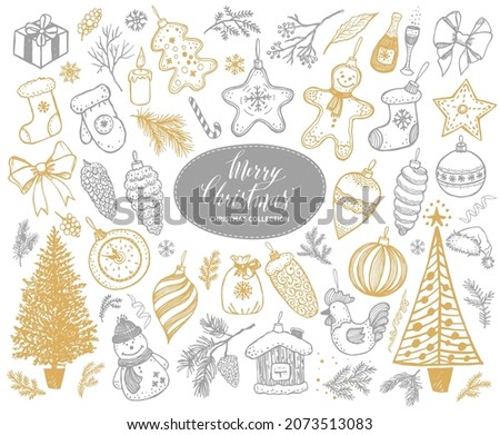 Merry Christmas icons set. Hand Drawn new year collections. Winter design doodle elements in gold and silver color.