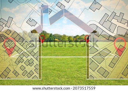 Land plot management - Imaginary city map with buildings, land parcels and home silhouette - real estate concept with a vacant land on a green field available for building construction Royalty-Free Stock Photo #2073517559