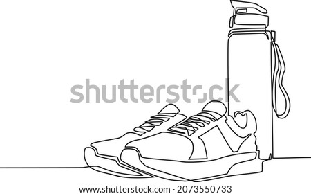 Single one line drawing sport sneakers and sport bottle. Fitness running or jogging concept. Idea of healthy and active lifestyle. Healthy lifestyle concept. Modern continuous line draw design vector