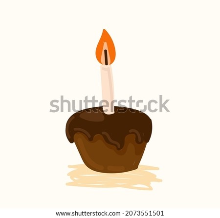 
Cupcake with chocolate icing with candle in cartoon style