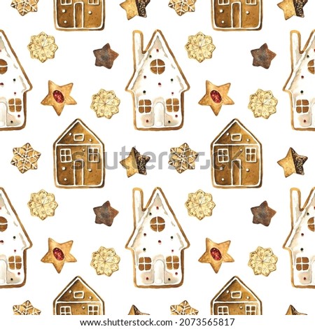 Watercolor winter Holidays seamless pattern of gingerbread houses and cookie stars. Hand painted texture of Christmas ornaments clipart elements isolated on white background. Cozy festive decor.