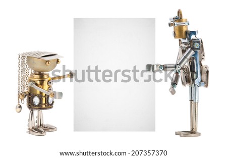 Steampunk robots holding a card. Cyberpunk style. Chrome and bronze parts. Isolated on white background.