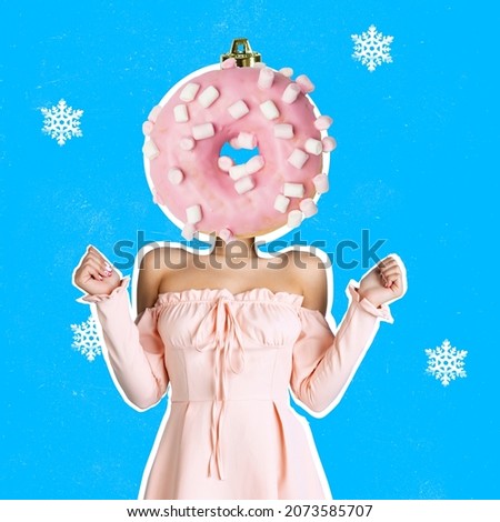 Contemporary art collage of young girl in beautiful dress with pink donut head isolated over blue background with snowflakes. Concept of Christmas, New Year, holiday, celebration, winter and ad
