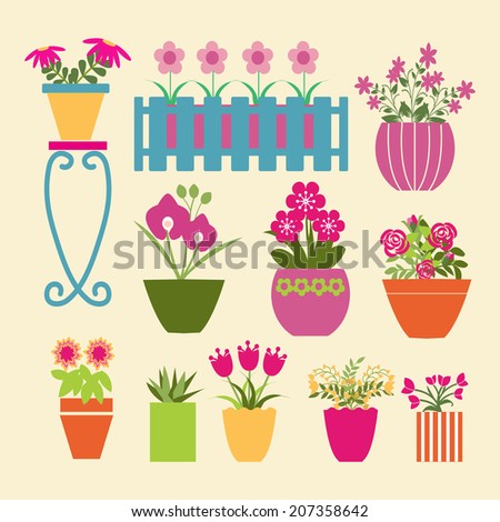 set of garden flowers  and  herbs in pots - Illustration
