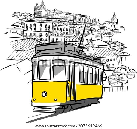 tram and ancient panorama. hand drawn vector sketches from Lisboa, Portugal. Royalty-Free Stock Photo #2073619466