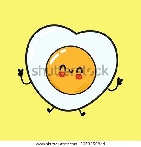 Cute funny jumping fried eggs character. Vector hand drawn cartoon kawaii character illustration icon. Isolated on yellow background. Fried eggs character concept Royalty-Free Stock Photo #2073650864