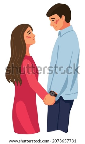 Romantic heterosexual couple holding hands. Man and woman love relationship. Flat vector illustration. Cartoon colored clipart isolated on white. Element for St Valentines holiday design, decor, card.