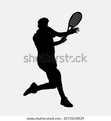 Man Tennis padel Player Icon Illustration. Paddle Sport Vector Graphic Symbol Clip Art. Sketch Black Sign young man is padel tennis player jump to the ball good looking for posts and poster video