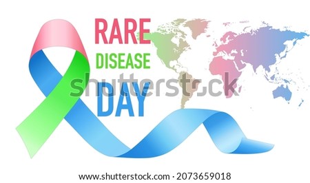 Three-color ribbon for the world rare disease day on 28 of February. On a world map background. Vector illustration