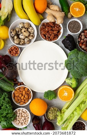 White empty plate and food set top view