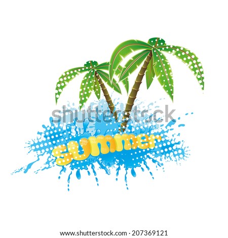 Vector illustration. Water splash and palm trees.