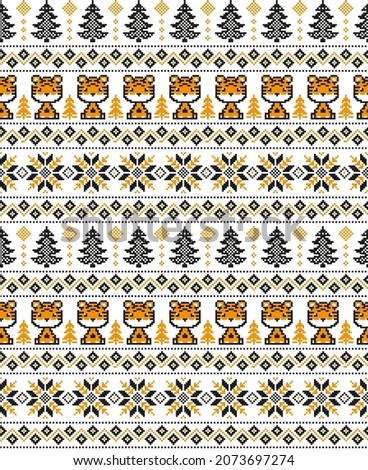 Knitted Christmas and New Year pattern in Tiger. Wool Knitting Sweater Design. Wallpaper wrapping paper textile print. Eps 10