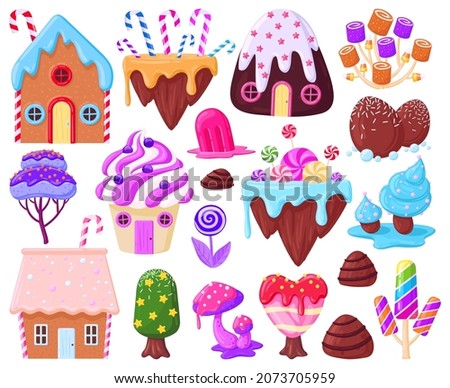 Cartoon sweet fantasy gingerbread houses and caramel trees. Fairy tale sweet candy land, biscuit houses, lollipop vector illustration set. Candy land elements. Cartoon food sweet cake, sugar candy Royalty-Free Stock Photo #2073705959