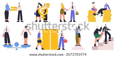 Business man and woman gender equality, equal career opportunities. Work gender equality, male female equal rights vector illustration set. Society gender equality. Business gender equality concept Royalty-Free Stock Photo #2073705974