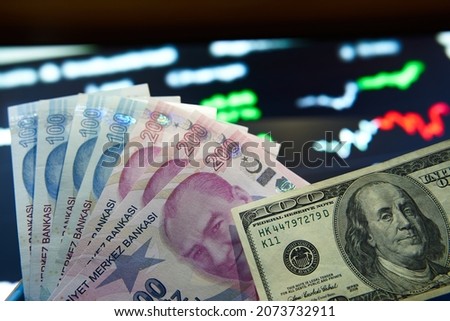  100 dollars 1000 Turkish liras. Detail macro shot. Financial crisis. Royalty-Free Stock Photo #2073732911