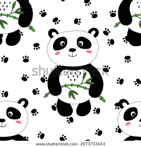 Seamless pattern with cute panda baby on white background. Funny asian animals. Card, postcards for kids. Flat vector illustration for fabric, textile, wallpaper, poster, gift wrapping paper.